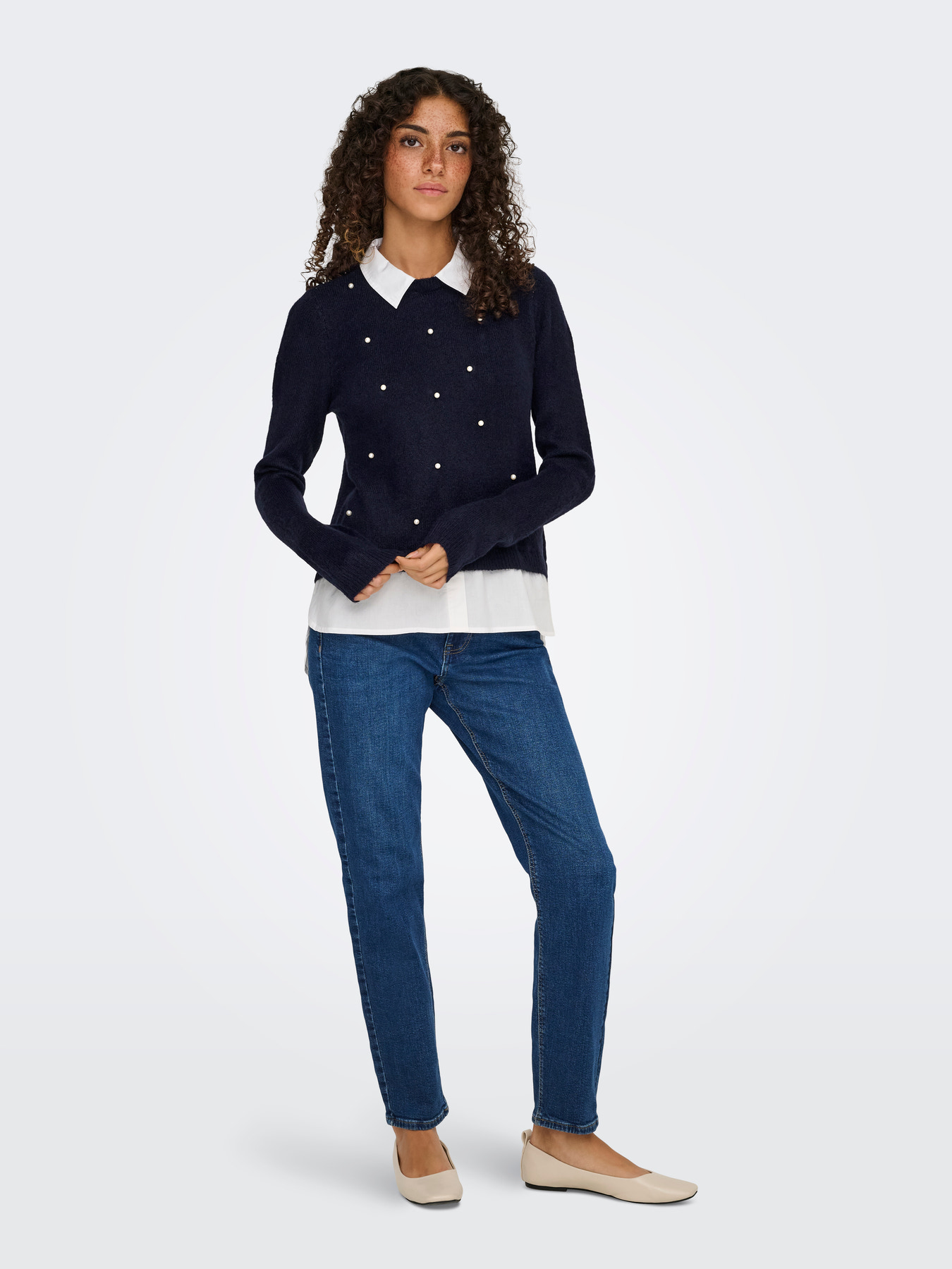 Pull ONLY Onldolly LS Woven Mix Pearl - Tricot Femme Avec Perles, Col Chemise, Manches Longues - 6