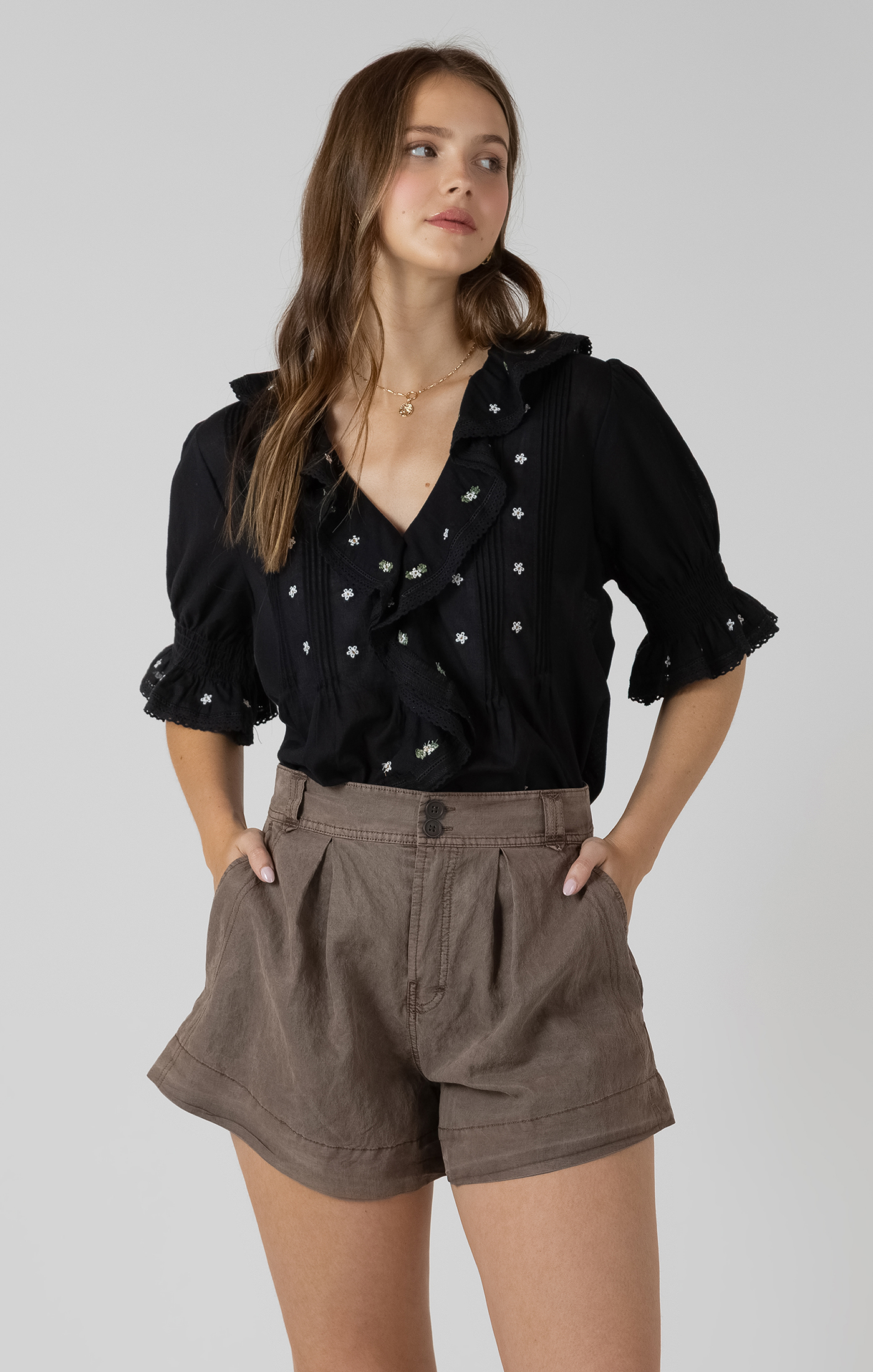 RUFFLE DETAIL EMBROIDERED BLOUSE